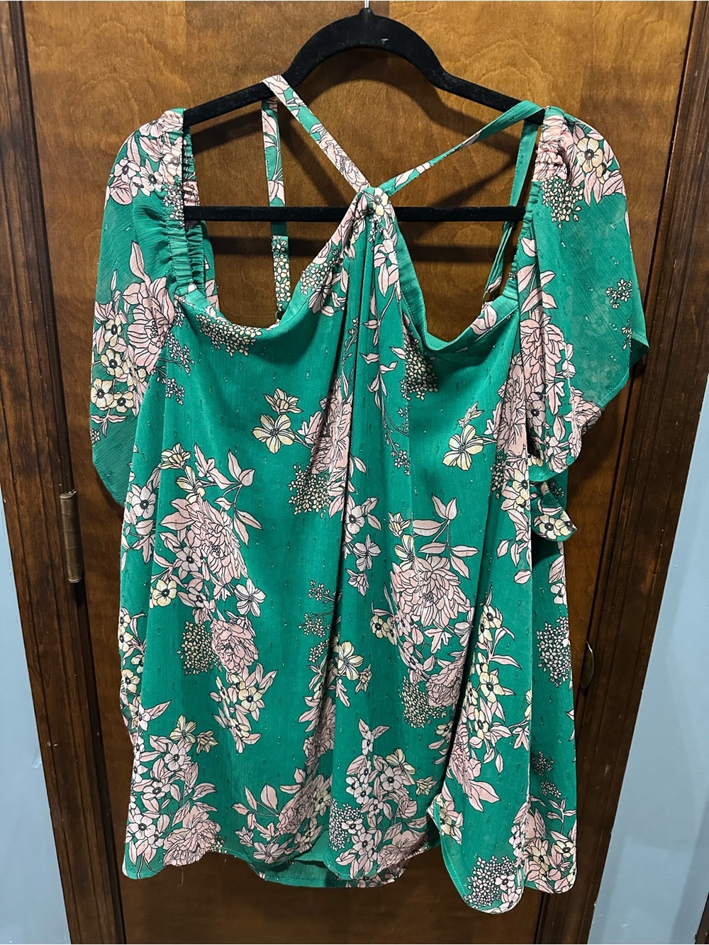 Torrid Green Floral Cold Shoulder Top Strap Back Chiffon Size 5 4X 5X